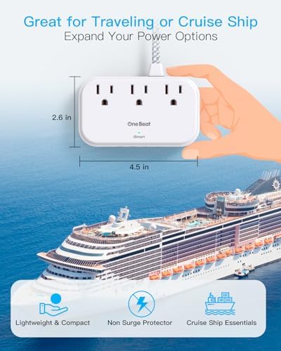 Optimize Your Travel Experience with One Beat Power Strip: 5 Ft Flat Extension Cord Featuring 3 AC Outlets & 4 USB Ports (2 USB-C) – Ideal for Cruise Ships, Dorm Rooms, and On-the-Go Charging – Compact, Non-Surge Protector Design for Enhanced Compatibility & Rapid Device Charging