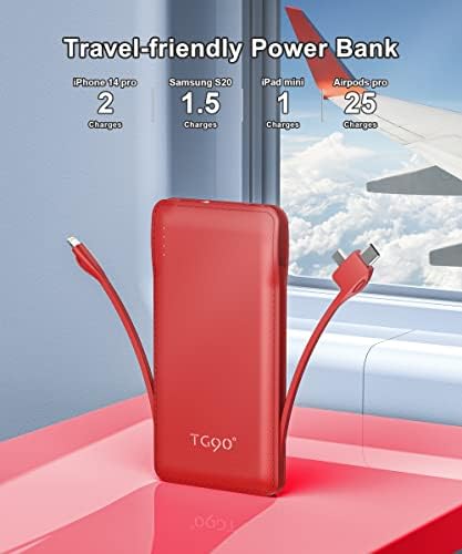 Ultra-Slim 10,000 m Ah TG90° Portable Power Bank with Built-in Lightning and USB-C Cables – Fast Charging, Lightweight Battery Backup for i Phone and Android Devices – Essential On-the-Go Charger for Busy Lifestyles