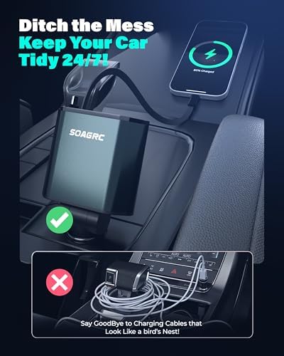 Rapid Charge Retractable Car Charger 69 W – Versatile 4-in-1 Accessory for i Phone 16/15/14 & Android Devices, Dual USB-A & USB-C Ports, Tangle-Free Travel Essential for Men & Women, Enhanced Fast Charging Solution for Road Trips