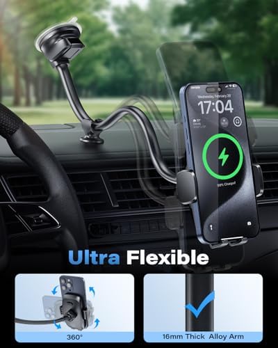 Ultimate 14-Inch Gooseneck Car Phone Mount Holder with Industrial-Strength Suction for Windshield Stability – Hands-Free Universal Cell Phone Holder Compatible with i Phones and Androids for Safe Navigation and Entertainment