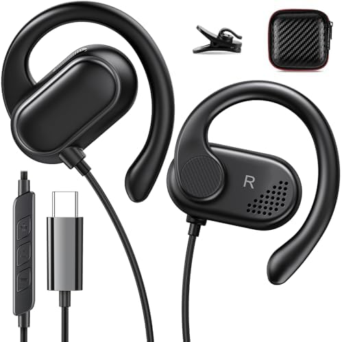 USB C Sport Earbuds with Rotatable Over-Ear Hooks – Ultimate Compatibility for i Phone 16 Plus, Samsung Z Flip Fold 6 & Google Pixel 8 – Lightweight Open Ear Design for Active Lifestyles – Built-in Microphone & Volume Control for Effortless Audio Management – Exceptional Sound Quality & Comfort for Music Enthusiasts