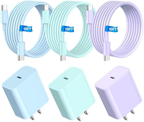 Revolutionary 3-Pack 20 W USB-C Fast Chargers with 10 FT Cables in Elegant Pink, Purple, and White – Ultimate Compatibility for i Phone 15/16 Pro/Max/Plus – Experience Lightning-Fast Charging and Stylish Convenience for All Your Power Needs