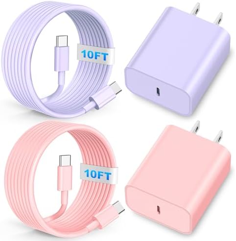 Lightning-Fast 20 W USB-C Wall Charger & 10 FT Cable for i Phone 15/16/Plus/Pro Max – Sleek Pink-Blue Power Adapter for Ultimate Charging Performance and Versatile Use
