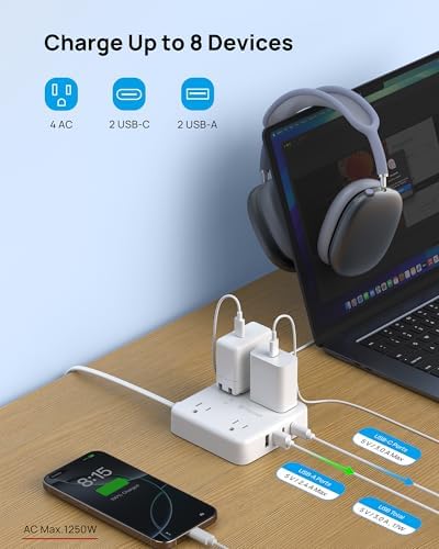 TROND 2-Prong Surge Protector Power Strip with 5 ft Extension Cord, 1440 Joules Safety Shield, Multiple AC Outlets & USB Charging Ports – Compact Wall-Mount Adapter for Streamlined Power Access and Enhanced Device Protection