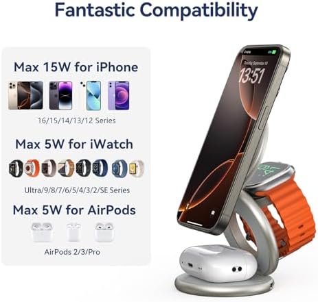Ultra-Fast 3-in-1 Magnetic Wireless Charging Station for Apple Devices – Foldable Aluminum Alloy Dock for i Phone 16/15/14/13/12, Apple Watch & Air Pods with 20 W Adapter – Portable Power Solution for Travel Enthusiasts and Tech Savvy Users
