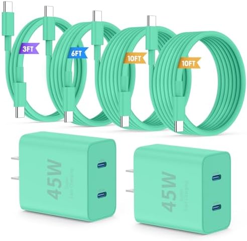 Ultimate Fast Charging Solution for i Phone 16/15 Pro Max – 45 W Dual Port USB-C Charger Block (2-Pack) with Extra Long 60 W Cables – PD Quick Adapter 3.0 for Enhanced Device Compatibility and Speed – Perfect for Home or On-the-Go Charging