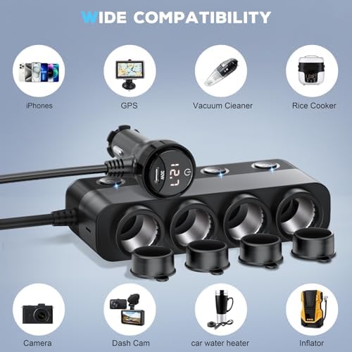 Power Up Your Journey: 300 W 4-Socket Cigarette Lighter Splitter Car Charger with Dual PD 36 W and QC3.0 USB-C Ports, Independent Switches, Dust Cover, and Voltmeter for Fast Charging of All Devices – Perfect for Road Trips and Daily Commutes