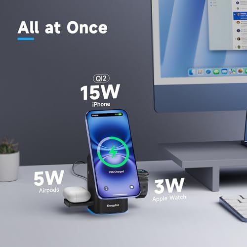 Revolutionary 3-in-1 Rotating Wireless Charger – Qi2 Certified 15 W Fast Charging Station for i Phone 16/15/14/13/12, Apple Watch & Air Pods – Enhanced Heat Management & Magnetic Alignment – Sleek Matte Design with Touch-Sensitive Stand and Ambient Night Light – Effortless Portrait/Landscape Mode for Seamless Use – Ultimate Charging Solution for All Your Apple Devices – Organized Desktop Power Hub with Smart IC Protection – Includes Power Adapter & USB-C Cable – Perfect for Home, Office, or Travel
