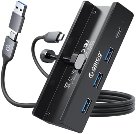 Transform Your Workspace with the ORICO USB Hub 3.0: Premium 4-Port Aluminum Clamp Adapter with Dedicated Power Supply for USB-A & USB-C Devices – High-Speed Data Transfer & Unmatched Compatibility for Enhanced Productivity
