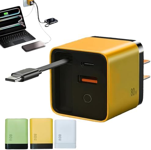 Revolutionary 80 W 3-in-1 Ga N Fast Charger – All-in-One Charging Station with Type-C Cable & Dual USB Ports, Retractable Wall Plug for Effortless Power Solutions on the Go – Ultimate Compatibility & Speed for Laptops and Smartphones