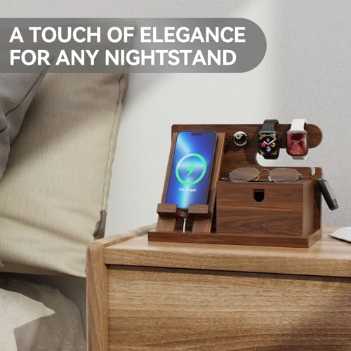 Walnut Wood Phone Docking Station with Wireless Charging, Nightstand Organizer for Men & Women, Compatible with iPhone/Samsung/Apple Watch/AirPods, Gifts for Dad, Husband, Anniversary, Birthday – Enhanced Compatibility and Speed