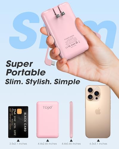 Ultra-Compact TG90° Portable Charger: 5000 m Ah Power Bank with Integrated AC Wall Plug and Triple Output for i Phone and Android Devices – Fast Charging Made Effortless and Convenient