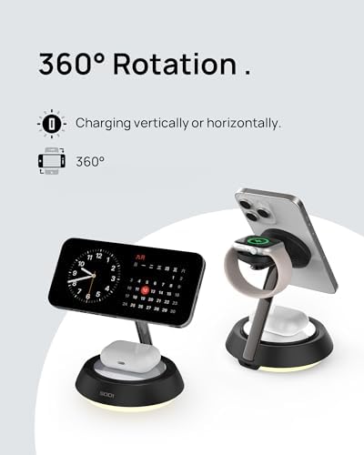SODI 3-in-1 Magnetic Wireless Charging Station with Ambient Light – 15 W Fast Charger for i Phone 16, 15, 14, 13, 12 Pro/Max, Air Pods & Apple Watch – Sleek Design for Effortless Device Organization and Enhanced Charging Efficiency