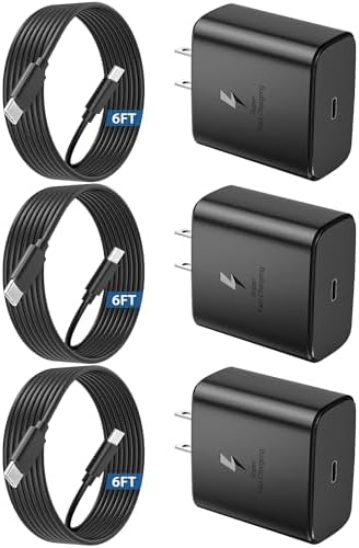 Ultra-Fast 45 W USB-C Charger for Samsung Devices – 3 Pack with 6 FT Cable, Perfect for Galaxy S25 Ultra/S24/S23/S22 – Rapid Charging with Overcurrent Protection and Durability for Home & Travel Use