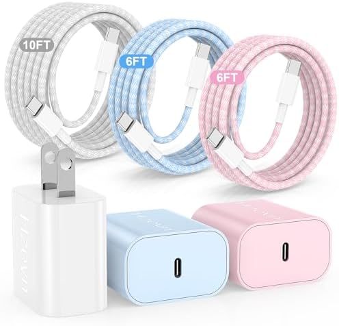 Rapid Charge 3-Pack USB-C Fast Charger Kit for i Phone 15 & 16 Pro Max – 20 W Power Blocks with Robust 6 ft & 10 ft Braided Cables – Ultra-Fast Charging Solution for i Pad Pro 13/12.9 – Sleek, Portable Wall Charger for Everyday Convenience