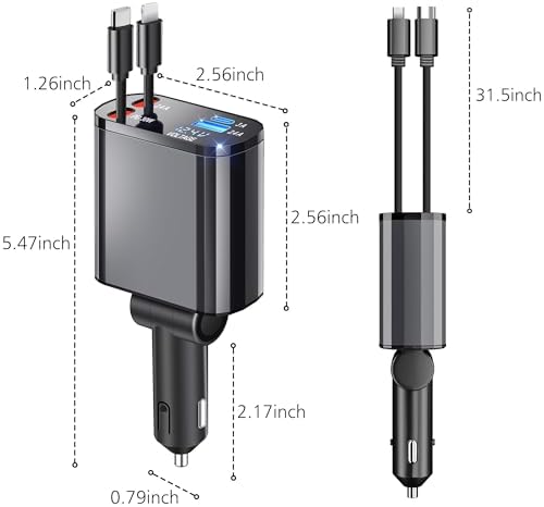 TICCI 60 W Retractable Car Charger: 4-in-1 Fast Charging Solution for i Phone 16-12, USB-C & Android Devices – Ultimate Convenience with Tangle-Free Design and Enhanced Compatibility for Road Trips and Daily Commutes