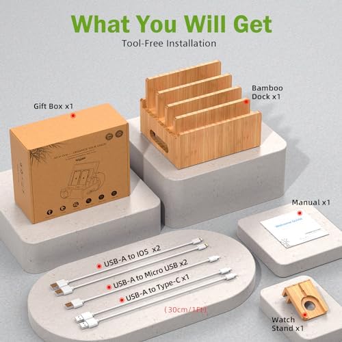 Eco-Friendly Bamboo Charging Station: Multi-Device Organizer with 5 USB Ports, Smartwatch & Earbuds Stand – Ultimate Desk Dock for Cell Phones and Tablets, Enhanced Speed & Compatibility