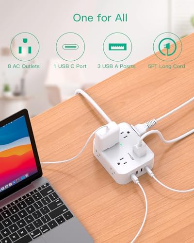 MIFASOPOWER Surge Protector Power Strip – 8 Wide Outlet Charging Station with 4 USB Ports (Including USB-C) and 5 FT Heavy-Duty Extension Cord – Space-Saving Flat Plug Design for Home, Dorm, or Office – Overload Protection & Wall-Mountable Convenience