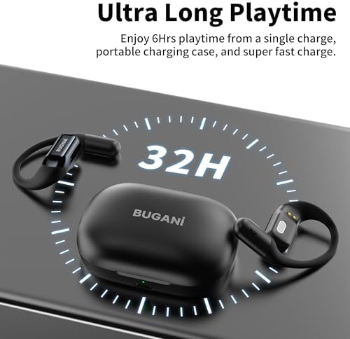 Elevate Your Active Lifestyle with BUGANI Bluetooth 5.2 Open Ear Headphones – Sport-Optimized Wireless Earbuds Offering 32 Hours of Playtime, Rapid Charging, and Waterproof Durability for Enhanced Sound and Environmental Awareness During Running and Cycling