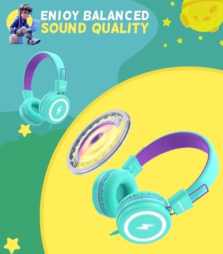 Kid-Friendly USB Type C Headphones with LED Lights – Safe Volume Limiter (85 d B/94 d B) for School Use, Foldable On-Ear Design for Comfort and Portability, Integrated Microphone for Learning and Gaming Fun – Perfect for i Pad and More