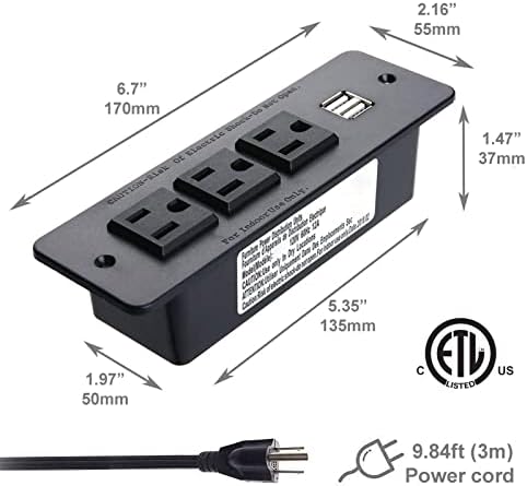 Enhance Your Charging Setup with the USB C Conference Recessed Power Strip – 20 W Fast Charging Solution with 3 AC Outlets & 2 USB Ports (PD 20 W & QC 18 W) – Space-Saving Mountable Design & 10 ft Extension Cord for Convenient Access in Furniture Integration – Perfect for Home Offices, Nightstands & More