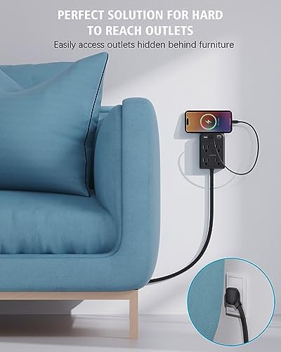 Maximize Power Efficiency with 6 ft Flat Electrical Outlet Extender – 4 Outlets & 3 USB-C Ports, Space-Saving Surge Protector for Home & Office, Rapid Device Charging Power Hub, Sleek White Design