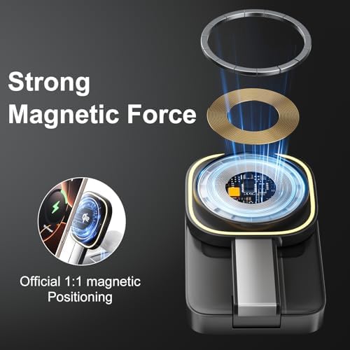 Revolutionize Your Charging Routine with the 3-in-1 Magnetic Wireless Charger Station for Apple Devices – Foldable Design, Integrated Night Lamp, and Mag Safe Compatibility for i Phone 16/16 Pro/16 Pro Max/15/14/13/12, Air Pods, and Apple Watch (Sleek Black Finish) – Ultimate Convenience and Enhanced Speed for Modern Users
