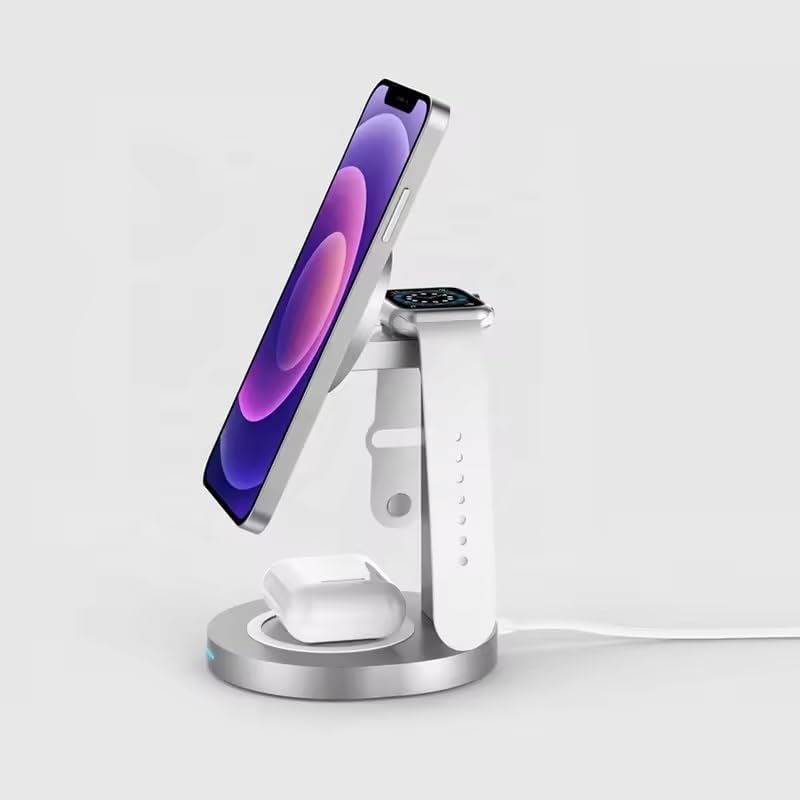 Qrion 15 W Magnetic 3-in-1 Wireless Charger Station – Premium Aluminum Alloy Dock for i Phone 15/14/13/12, Apple Watch & Air Pods Pro/3/2 – Fast Charging & Enhanced Compatibility with USB-C Cable – Sleek, Durable Design for Modern Homes and Offices