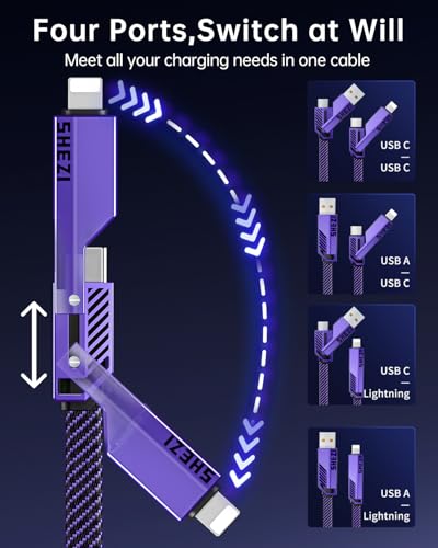 SHEZI 4-in-1 Fast Charging USB C Cable – 60 W Power Delivery with Lightning, USB C, and USB A Ports – 5 FT Durable Flat Nylon Braided Cord – Stylish Pink Design for i Phone, i Pad, and More – High-Speed 480 Mbps Data Transfer Solution for All Your Devices