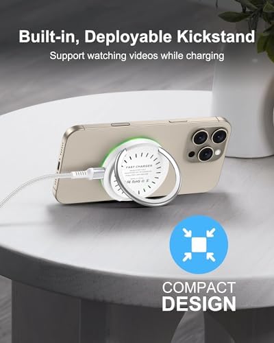 Magnetic Fast Charging Stand for Samsung Galaxy & Google Pixel – 15 W Magsafe Wireless Charger with Built-in Kickstand for Ultimate Convenience – Slim, Portable Design for Effortless Charging at Home or On-the-Go – Compatible with i Phone 12-16 Series, Android Devices & More – Intelligent Safety Features for Reliable Power Delivery – Includes USB-C Cable, Perfect for Travel Enthusiasts and Everyday Users