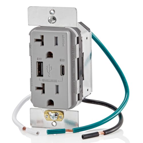 Leviton 60 W In-Wall USB Charger with Dual Type A/Type-C Ports and 20 A Tamper-Resistant Outlet – Fast Charging for Smartphones, Tablets, and Laptops – Modern Light Almond Finish, Ideal for Home and Office Efficiency – Safe, Stylish Power Solution for Tech Enthusiasts