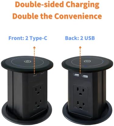 ZESHAN Sleek Pop-Up Power Outlet with 15 W Wireless Charging Station – Dual US Outlets, USB A & USB C PD Fast Charging Ports for Effortless Connectivity at Home or Office – Ideal for Conference Tables and Kitchen Counters, Modern Black Finish