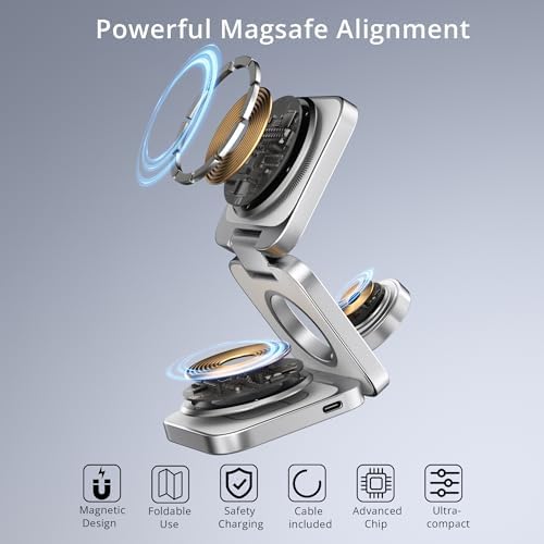 LULULOOK 3-in-1 Magnetic Wireless Charging Station – 15 W Fast Charger for i Phone 16/15/14 Series, 5 W Apple Watch Dock, and Air Pods Compatible with USB-C Cable – Sleek Aluminum Design for Enhanced Efficiency and Universal Device Compatibility