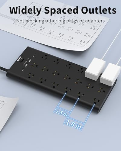 Ultimate Surge Protector Power Strip with 19 Outlets & 4 USB Ports – Heavy-Duty 6.5 Ft Extension Cord, 1875 W Power Capacity, 2100 Joules Surge Protection, Wall Mountable for Home, Office, and Gaming – Efficient Power Management Solution in Sleek Black Design