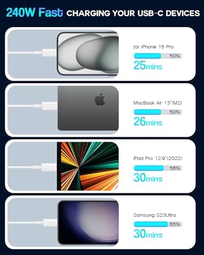 High-Performance USB C to USB C 240 W Fast Charging Cable – 2-Pack 10 ft Length for Mac Book Pro, i Phone 16/15 Pro Max, i Pad Air/Pro & Samsung Galaxy – Ultimate Speed and Compatibility for Enhanced Device Efficiency