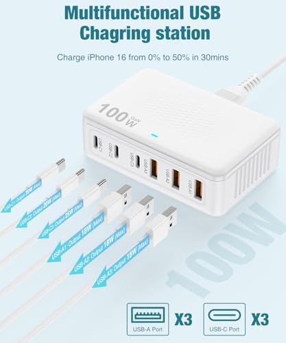 100 W Ga N Fast USB C Charging Station Hub – 6-Port Wall Charger for i Phone 16-11 Pro Max, i Pad, Pixel, and Samsung Galaxy S25-S24 – Includes 5 FT Cord for Enhanced Compatibility and Rapid Charging – Ideal Multi-Device Power Adapter for Home and Travel