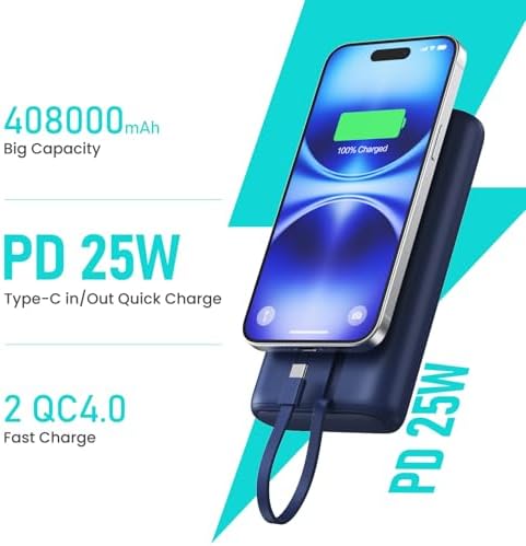 Ultra-High Capacity 40800 m Ah Portable Charger with Built-In Cables – 25 W PD USB C Fast Charging Power Bank – 5 Outputs & Dual Input for i Phone 16/15/14/13 & Samsung S23 – Stylish Pink Design for On-the-Go Charging Solutions