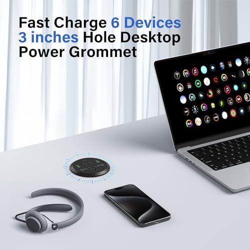Revolutionize Your Workspace with the Elite Desktop Power Grommet: 40 W Fast Charging Hub Featuring 2 PD 20 W USB-C Ports, Dual AC Outlets, 4 USB Ports, and 6 ft Cord for Optimal Flexibility – Sleek Recessed Design for a Clutter-Free Desk Environment