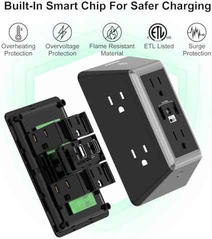 POWRUI 6-Outlet Surge Protector with 3 USB Ports (1 USB-C) and Integrated Night Light – Space-Efficient Power Strip for Home & Office – ETL Listed for Ultimate Safety and Fast Charging – Versatile 3-Sided Design with Adapter Spaced Outlets for Large Plugs – Streamline Your Charging Needs with Enhanced Compatibility and Reliability