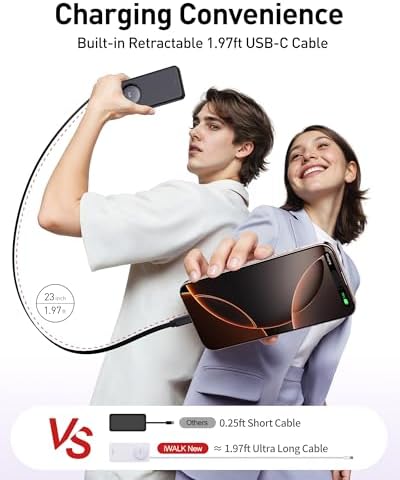 Ultra-Slim 10,000 m Ah Power Bank with 30 W PD Fast Charging & Integrated Retractable USB-C Cable – Perfect for i Phone 16/15, Samsung Galaxy 25/24, Google Pixel, and Mac Book Air – Effortless Portability Meets Stylish Efficiency in Sleek White Design for On-the-Go Charging