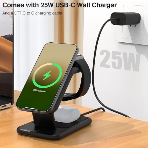 TUMABER 3-in-1 Wireless Charging Station for Apple Devices – Fast Charging Stand for i Phone 15/14/13/12/11, Apple Watch, and Air Pods – Clutter-Free Desk Solution with 25 W USB-C Charger Included – Sleek Office Accessory for Enhanced Device Management