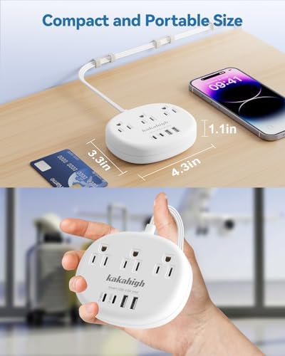 Stylish Brown Extension Cord with 1080 J Surge Protection – 5 FT Flat Braided Design Featuring 3 AC Outlets & 4 USB Ports (24 W/4.8 A) for Fast Charging – Ideal Tan Desk Accessory for Powering Devices Safely & Efficiently
