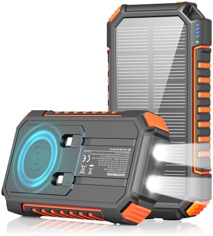 Riapow 27,000 m Ah Solar Power Bank – Wireless Fast Charging Portable Charger with Built-in Cables, 22.5 W PD & QC Support, Rugged Outdoor Battery Pack in Vibrant Orange for Phones, Tablets & Flashlights – Ultimate Adventure Companion