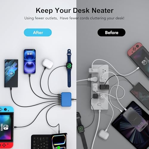 BREEKET 100 W USB C Fast Charger Hub – 6-Port Ga N Charging Station with 3 USB-A & 3 USB-C Connections – High-Speed Wall Adapter for i Phone 15/14/13/12/11 Pro Max, i Pad, Google Pixel & Samsung Galaxy Devices – Compact, Safe & Stylish Power Solution