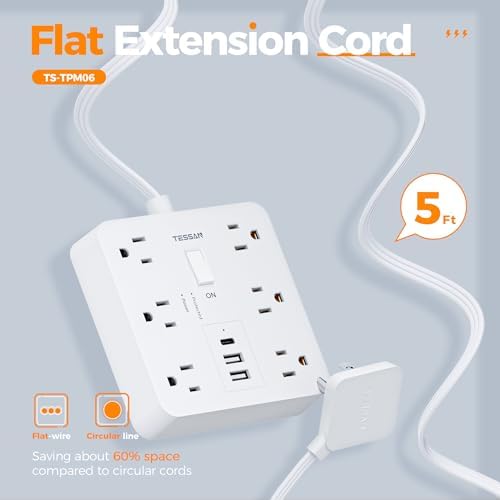 TESSAN 6-Outlet Black Surge Protector Power Strip with 3 USB Ports (1 USB-C) – 5 FT Flat Plug Extension Cord, 1700 Joules Surge Protection for Safe Charging in Home, Office & College Dorm – Compact and Versatile Multi-Device Charging Station