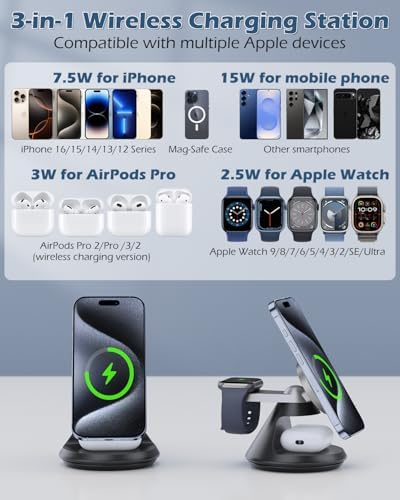 Ultimate 3-in-1 Mag Safe Charging Station: 15 W Fast Wireless Charger with 360° Rotating Dock for i Phone 16/15/14/13/12, i Watch, and Air Pods – Enhanced Magnetic Alignment, Anti-Slip Design, and Dual Orientation Stand for Seamless Charging Experience