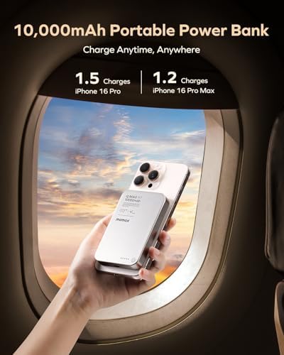 MOMAX 10,000 m Ah Magnetic Power Bank – 20 W Fast Wireless Charger for i Phone 12/13/14/15/16 Series, Mag Safe Compatible, Sleek USB-C Portable Charger with Cable Included for Effortless Power On-The-Go