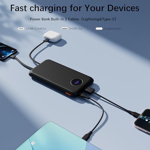 Versatile 10,000 m Ah Portable Power Bank with Integrated Cables – Ultra-Fast Charging for i Phone, Samsung Galaxy, Google Pixel, LG, and More – Compact, Travel-Friendly Design with LED Display – Multi-Device Support with Dual Inputs and 4 Outputs for Ultimate Convenience – Enhanced Safety Features for Secure Charging on the Go