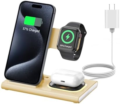 Ultra-Convenient 3-in-1 Foldable Wireless Charging Dock for Apple Devices – Rapid Power-Up Station for i Phone 16/15/14/13/12/11/X/XS, Apple Watch Series 10/9/8/7/Ultra2/Ultra/SE, and Air Pods Pro/2/3/4 – Lightweight Travel Charger with Integrated LED Light for Enhanced Portability and Efficiency