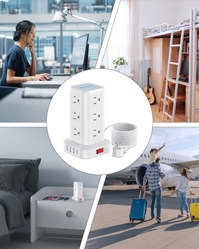 Ultimate Surge Protector Power Strip Tower with 10 FT Cord and 4 USB Ports (1 USB C) – 12 AC Outlets for Home Office and Dorm Room – Space-Saving Design with Enhanced Protection for Your Electronics and Fast Charging Solutions